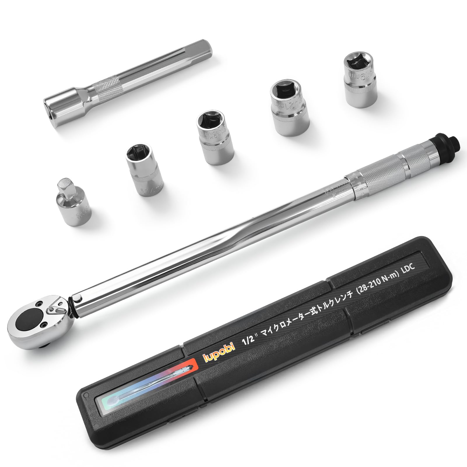 Lupobi(ルポビ) トルクレンチ プレセット型 差込角12.7mm (1/2インチ) 28-210N·m 精度±3% ソケットレンチ 14/17/19/21mmソケット エクステンションバー ケース付き タイヤ交換 バイク 自転車用 LP-203