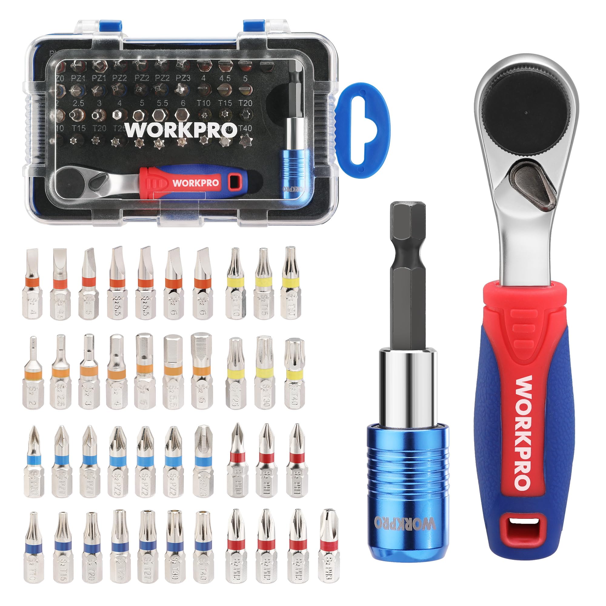 WORKPRO ビットラチェットセット ラチェットレンチ ラチェットドライバー 差込角6.35mm 43点組 ビット材質S2 収納ケース付き DIY/メンテナンス/修理/自転車の整備