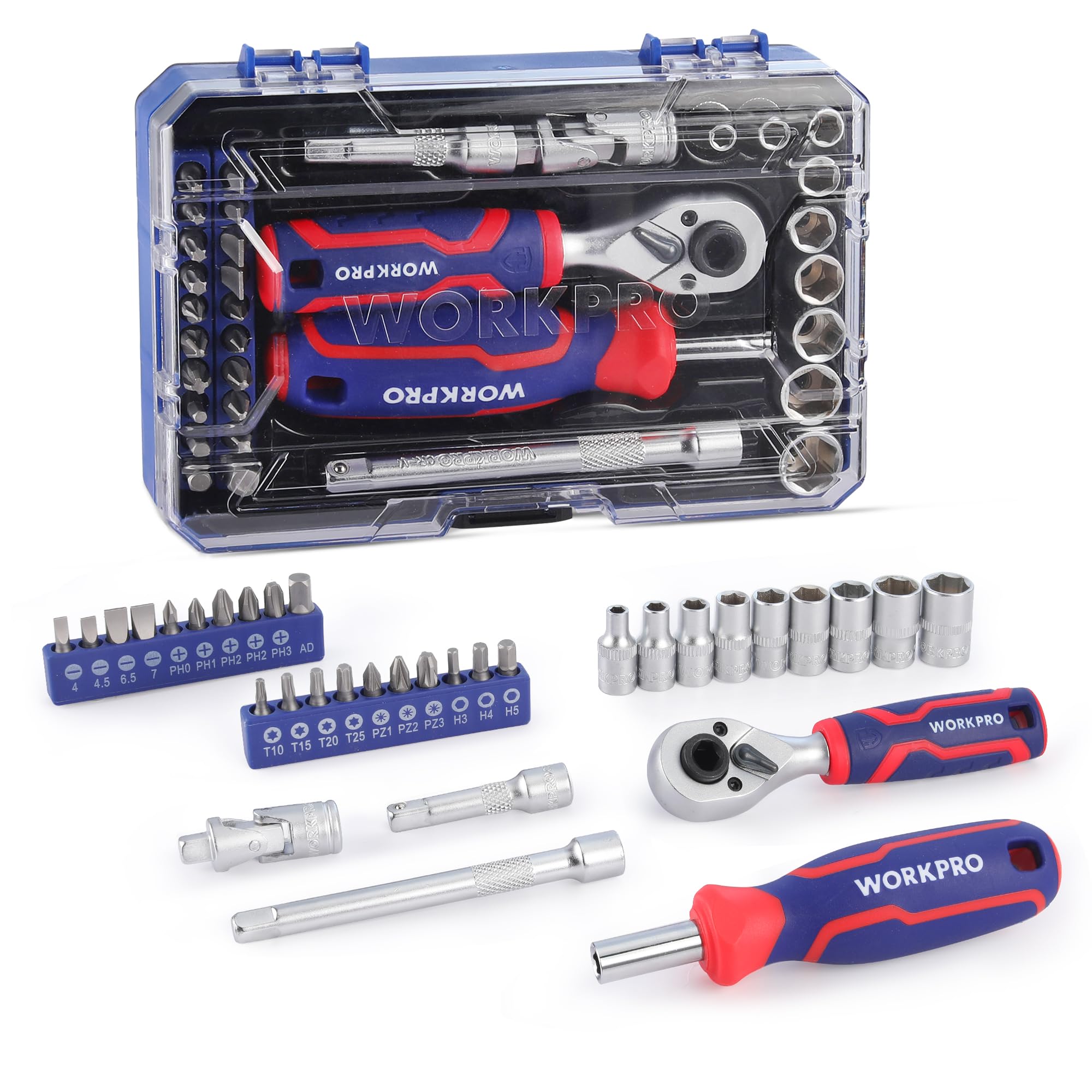 WORKPRO ビットラチェットセット ソケットレンチセット ドライバー セット 34点組 差込角6.35mm（1/4インチ） 両用ヘッド ミニタイプ ラチェットレンチ エクステンションバー ビットホルダー 72歯 自転車修理 メンテナンス 工具 道具 DIY 専用収納ケース付属
